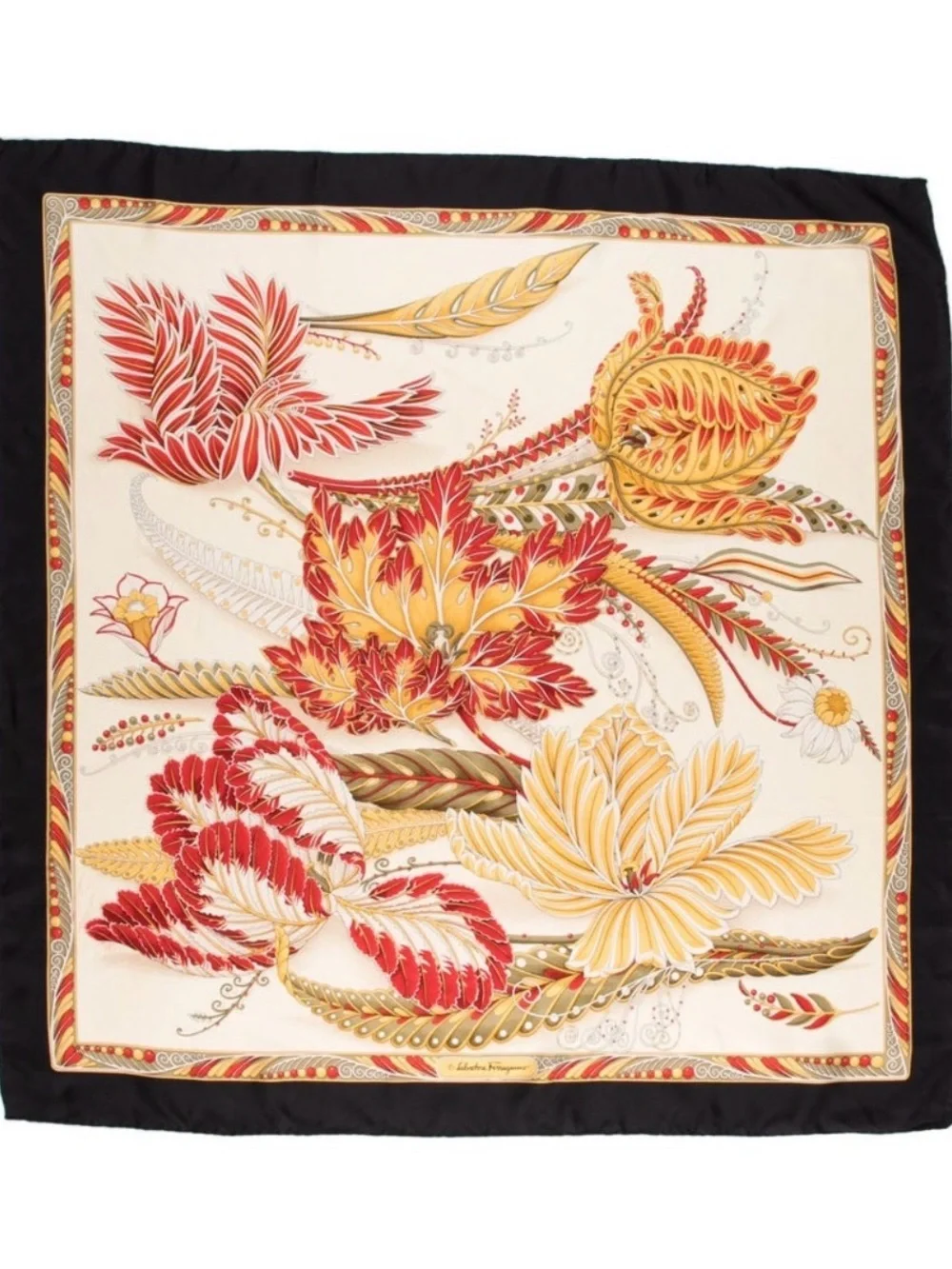 Ferragamo Silk Floral Print Scarf - Black Border with Red & Yellow Blooms